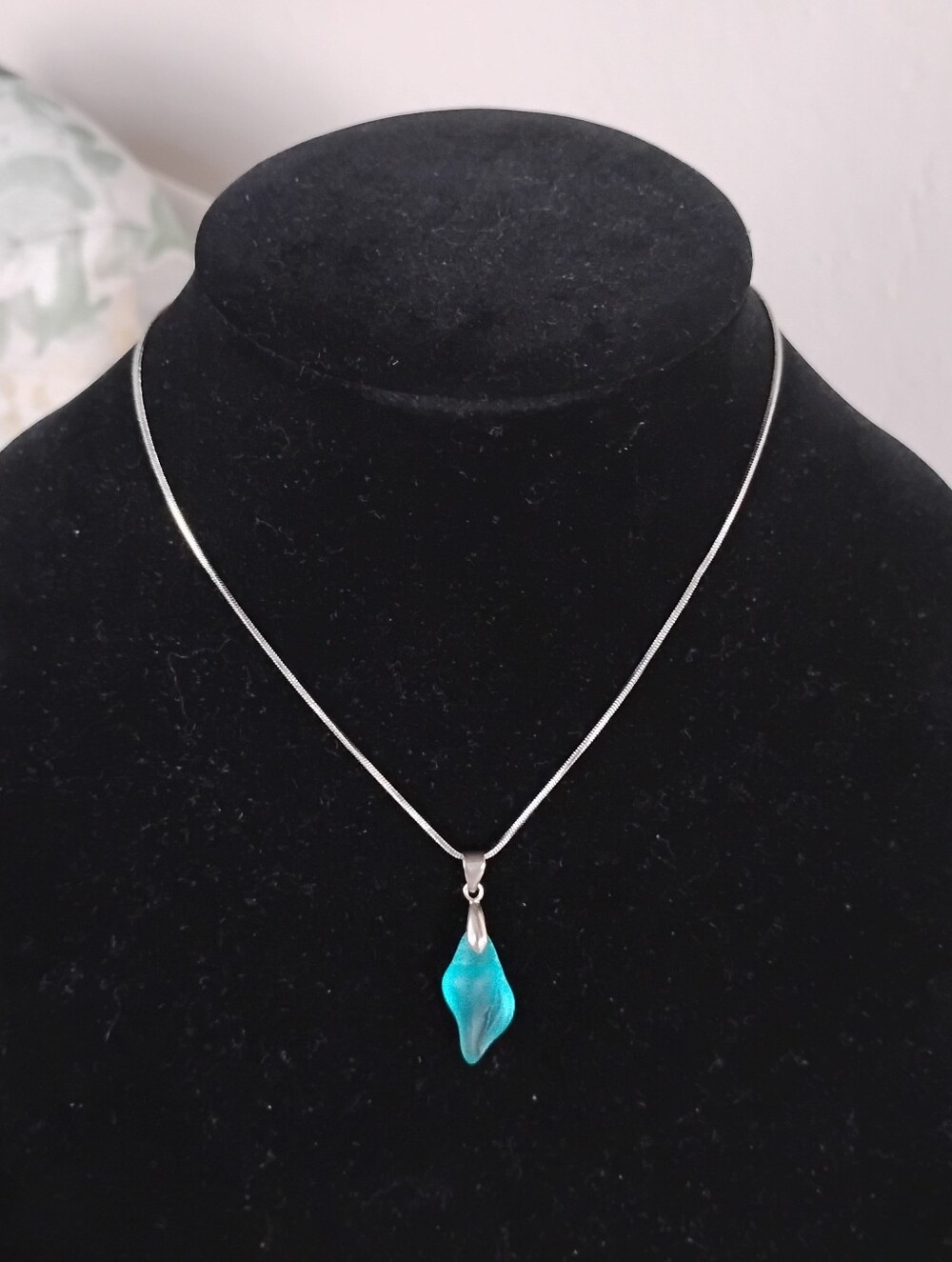 Silver Necklace with Turquoise Blue Glass Pendant - Women Jewelry